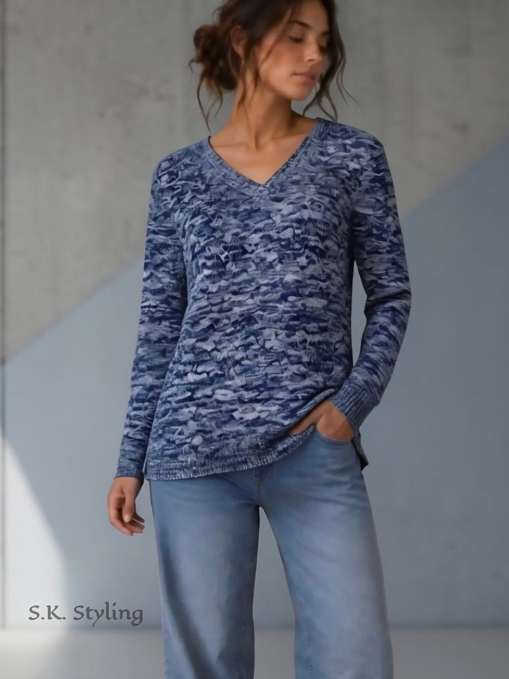 Lands' End Drifter Cable Knit V-Neck Sweater Marled Blue Cotton Women's  XL - 18